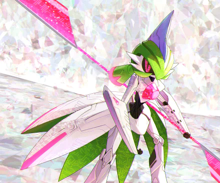 HD PC desktop wallpaper of Gardevoir (Pokémon) in armored, crystalline form wielding a pink lance; stylized art from the video game Pokémon: Scarlet and Violet.