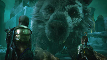 4K Ultra HD PC desktop wallpaper featuring characters from the video game God of War: Ragnarök facing a massive, mystical bear in an icy, atmospheric environment.