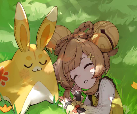 Yaoyao (Genshin Impact) naps beside a bunny-like companion in sunlit grass — video game art, Genshin Impact 2K Quad HD PC desktop wallpaper/background.