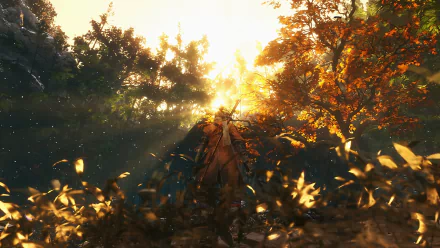 HD PC desktop wallpaper from Sekiro: Shadows Die Twice featuring a lone warrior standing amidst glowing autumn foliage with sunlight streaming through the trees.