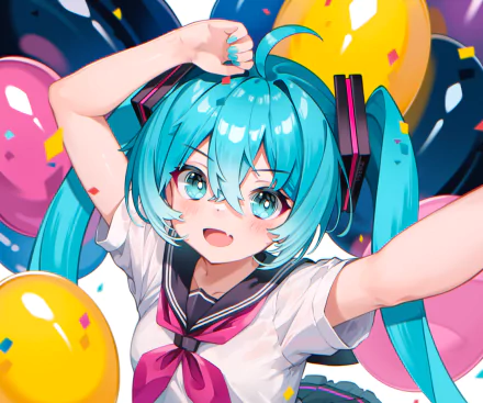 A vibrant HD wallpaper featuring Hatsune Miku, the popular Vocaloid character, joyfully posing with colorful balloons, showcasing her signature turquoise hair and playful demeanor.