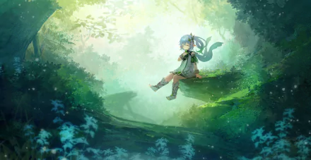 Nahida from Genshin Impact sits peacefully on a mossy rock in a lush, sunlit forest. This 4K Ultra HD PC desktop wallpaper captures serene, vibrant nature and fantasy vibes.