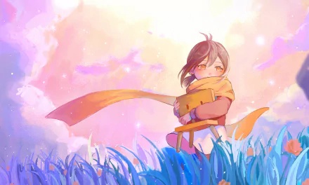 Anime HD desktop wallpaper featuring Suzume Iwato from Suzume no Tojimari, standing in a vibrant field with a flowing orange scarf against a colorful sky.