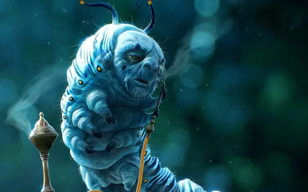 HD PC desktop wallpaper featuring the blue caterpillar character from the 2010 movie Alice in Wonderland against a blurred, mystical background.
