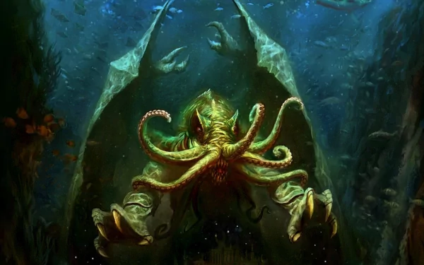A vividly detailed HD wallpaper featuring Cthulhu, the iconic fantasy creature, emerging from the depths of the ocean with tentacles and powerful wings, set against an underwater backdrop.