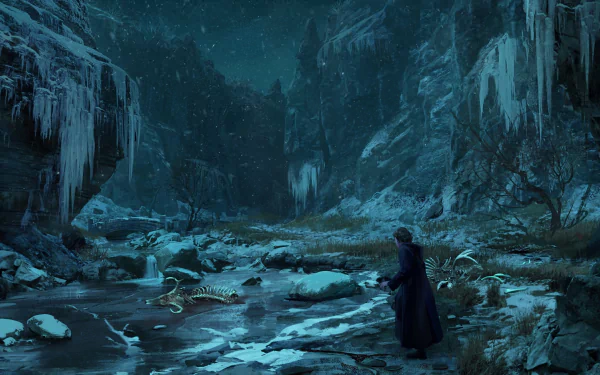 Hogwarts Legacy video game scene: cloaked figure in a frozen ravine with icicles and starry sky — 4K Ultra HD PC desktop wallpaper/background.