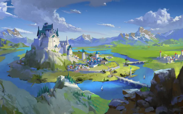 A vibrant fantasy castle perched on a hill overlooking a winding river and village, set against a mountainous landscape in stunning 4K Ultra HD quality.