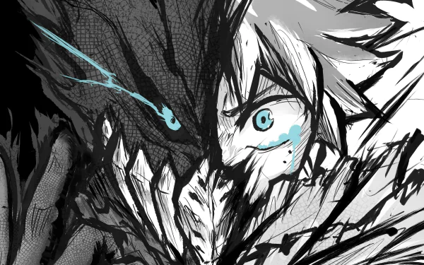 HD PC desktop wallpaper featuring Dark Deku, Izuku Midoriya from My Hero Academia in a dramatic black and white anime style with striking blue eyes and lightning effects.