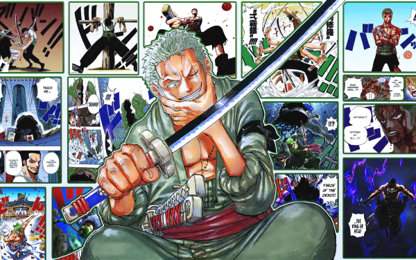 HD desktop wallpaper of Roronoa Zoro from the anime One Piece. The image showcases Zoro in the center with various manga scenes in the background, highlighting his dynamic character and moments.