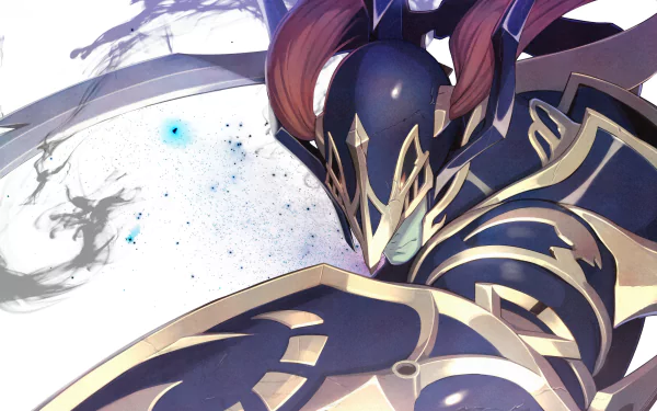 Vibrant 2K Quad HD anime desktop wallpaper of Yu-Gi-Oh! Black Luster Soldier in ornate dark armor striking a dynamic battle pose against a smoky white backdrop.