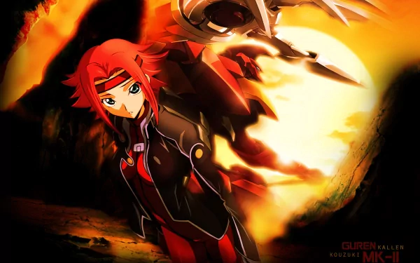 HD desktop wallpaper featuring Kallen Kōzuki from the anime Code Geass, depicted with intense orange and black tones and dynamic action elements.