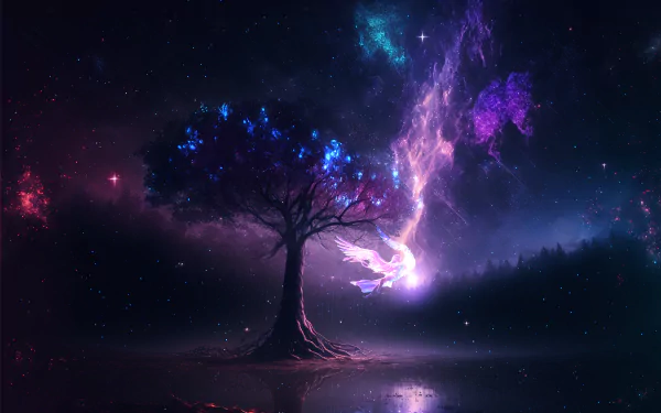 A luminous angel made of light descends from a starry, fantasy sky above a solitary tree, blending nature and digital elements in this HD PC desktop wallpaper.