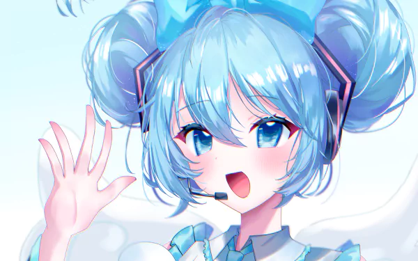 A vibrant HD desktop wallpaper featuring Hatsune Miku, the iconic Anime Vocaloid character, with her signature blue hair and headset, cheerfully waving at the viewer.