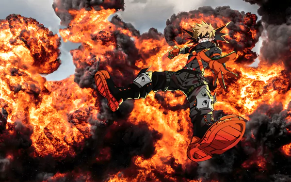 Dynamic HD wallpaper featuring Katsuki Bakugou from My Hero Academia, poised amidst dramatic explosions, showcasing action and intensity in anime style.