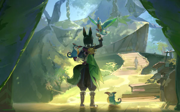 Tighnari from Genshin Impact stands in a lush forest, surrounded by glowing creatures, captured in vibrant 4K Ultra HD for a PC desktop wallpaper background.