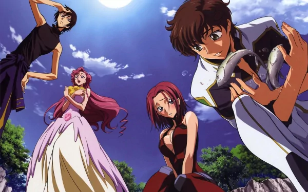 4K Ultra HD wallpaper featuring Lelouch Lamperouge, Suzaku Kururugi, Euphemia Li Britannia, and Kallen Kōzuki from the anime Code Geass under a bright moonlit sky.