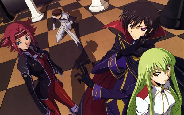 4K Ultra HD Code Geass anime wallpaper featuring Suzaku Kururugi, Kallen Kōzuki, Lelouch Lamperouge, and C.C. on a giant chessboard background.