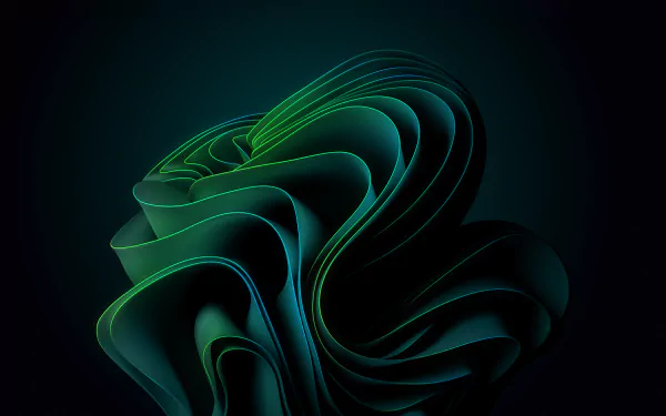 HD Windows 11 technology-themed desktop wallpaper featuring a complex, abstract design with smooth, flowing lines in shades of green and black against a dark background.
