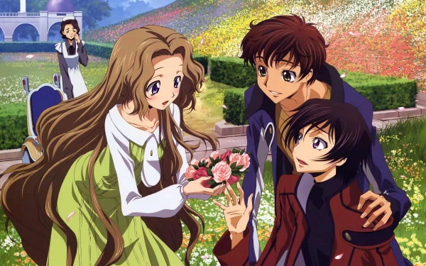 4K Ultra HD anime wallpaper featuring Sayoko Shinozaki, Nunnally Lamperouge, Suzaku Kururugi, and Lelouch Lamperouge from Code Geass in a vibrant garden setting.