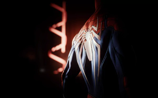 4K Ultra HD PC desktop wallpaper of video game Spider-Man (PS4): close-up of his suit back with a glowing white spider emblem, rim-lit by red neon against a dark background.