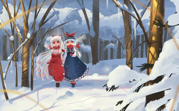 Anime-style 4K Ultra HD wallpaper featuring Fujiwara no Mokou and Keine Kamishirasawa walking through a snowy forest, inspired by Touhou.