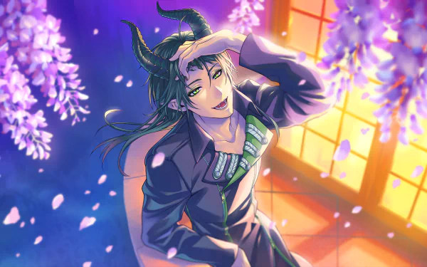 Malleus Draconia, video game Twisted Wonderland HD PC desktop wallpaper: horned youth in dark uniform under purple wisteria, golden window light and drifting petals.