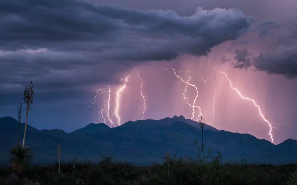 A stunning HD desktop wallpaper featuring a striking lightning bolt captured in a breathtaking photography.