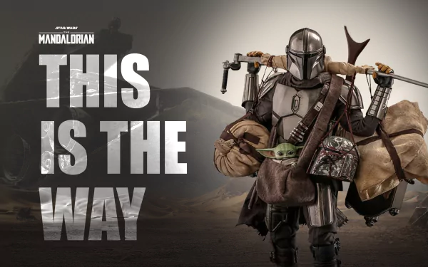4K Ultra HD desktop wallpaper featuring The Mandalorian from the TV show, carrying various gear with Baby Yoda (Grogu) in his satchel and the text This Is The Way.