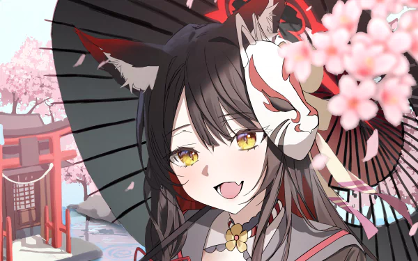 Kosaka Wakamo from the video game Blue Archive, smiling with a fox mask and parasol amid cherry blossoms and a shrine — 4K Ultra HD PC desktop wallpaper.