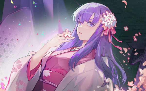 HD PC desktop wallpaper featuring Parvati from Fate/Grand Order, depicted in an elegant anime style with flowing purple hair and cherry blossom petals.