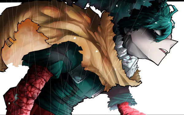 HD PC desktop wallpaper/background of Dark Deku (My Hero Academia) anime: grim profile, torn cape, rain-slicked costume and dramatic lighting.