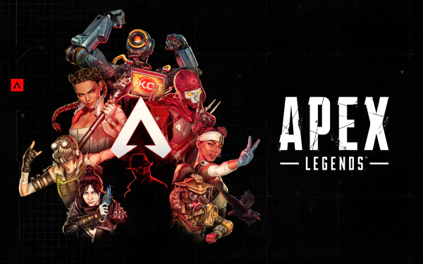A vibrant HD desktop wallpaper featuring characters from Apex Legends, showcasing the game's dynamic art style and iconic logo against a dark background.