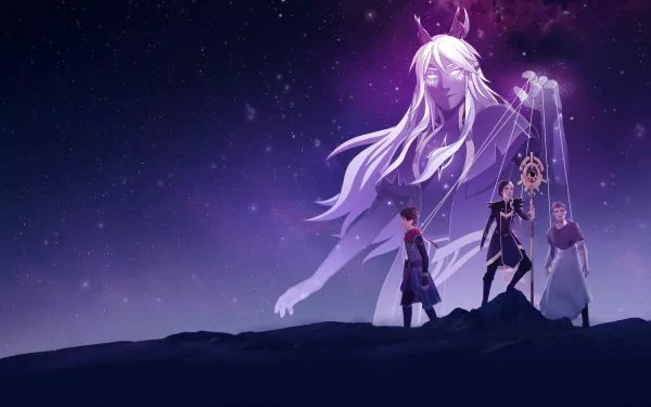HD PC desktop wallpaper from the TV show The Dragon Prince: three characters stand on a ridge facing a towering, glowing female spirit under a starry purple sky.