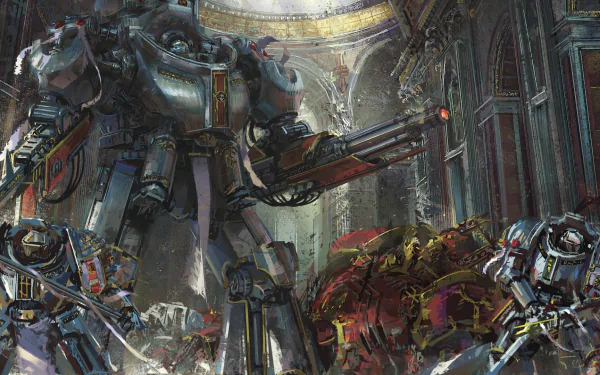 HD PC desktop wallpaper depicting a Warhammer 40k video game scene with a large armored mech and heavily armed soldiers in a dark, battle-worn environment.