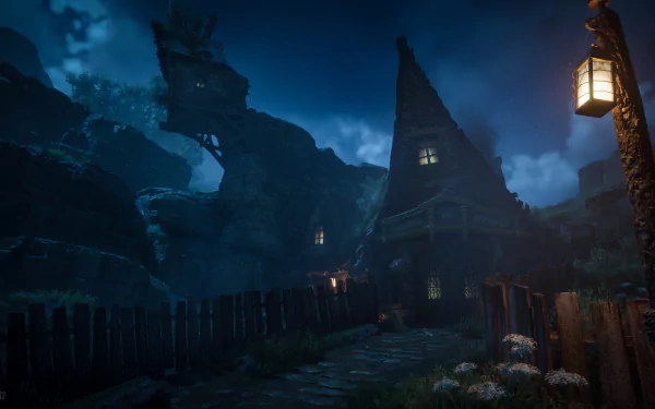 A dark, atmospheric scene from the video game Hogwarts Legacy, captured in 4K Ultra HD quality, showcasing a mysterious, illuminated wizarding village at night.
