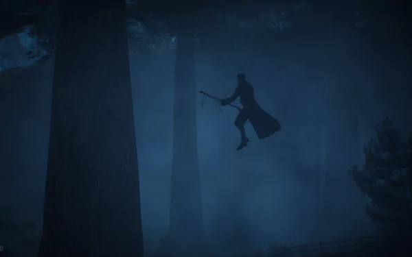 Hogwarts Legacy video game 4K Ultra HD PC desktop wallpaper — silhouetted witch or wizard on a broom flying through a misty, moonlit Hogwarts forest between towering trees.
