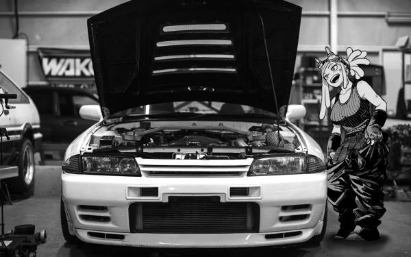 Black-and-white garage shot of a car with its hood up, Mei Hatsume from My Hero Academia in tech gear at right — HD PC desktop wallpaper/background.