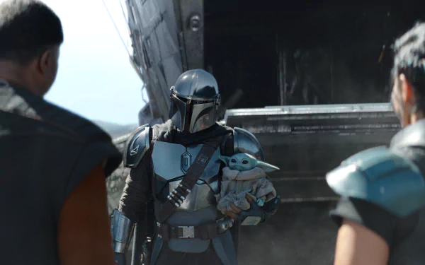 The Mandalorian (TV Show) — beskar-clad Mandalorian holds Grogu at a ship ramp, flanked by allies; cinematic 4K Ultra HD PC desktop wallpaper background.
