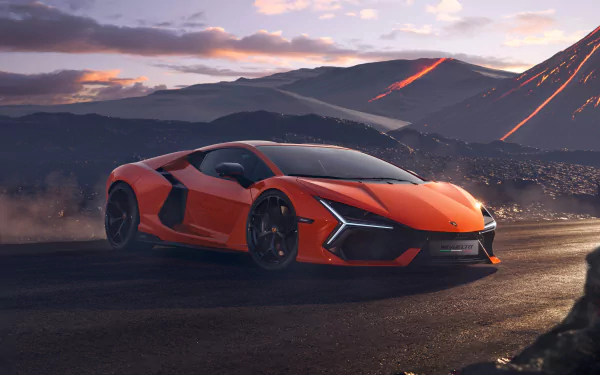 A vibrant orange Lamborghini Revuelto showcased in stunning 4K Ultra HD, set against a dramatic mountainous landscape at sunset.
