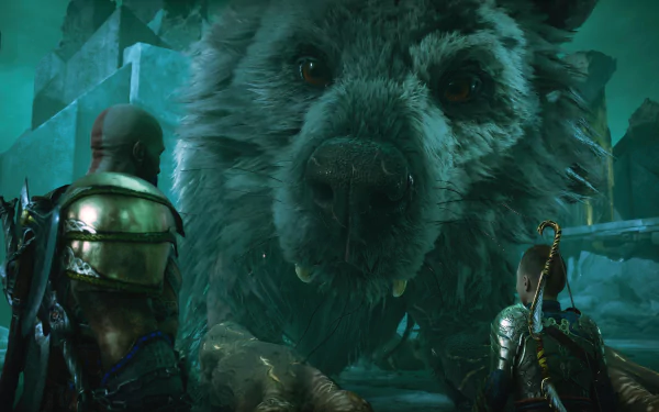 4K Ultra HD PC desktop wallpaper featuring characters from the video game God of War: Ragnarök facing a massive, mystical bear in an icy, atmospheric environment.