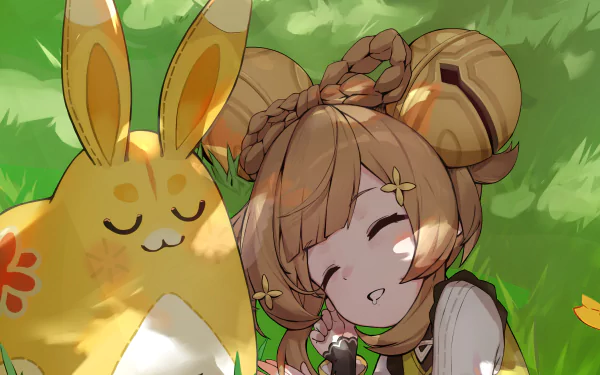 Yaoyao (Genshin Impact) naps beside a bunny-like companion in sunlit grass — video game art, Genshin Impact 2K Quad HD PC desktop wallpaper/background.