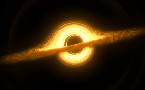 HD desktop wallpaper depicting a visually captivating sci-fi black hole, surrounded by swirls of golden light and a luminous accretion disk.