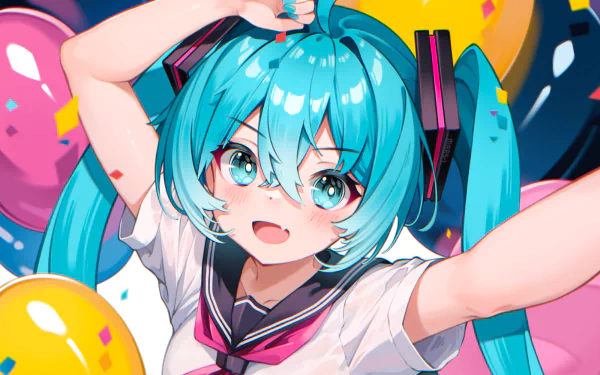 A vibrant HD wallpaper featuring Hatsune Miku, the popular Vocaloid character, joyfully posing with colorful balloons, showcasing her signature turquoise hair and playful demeanor.