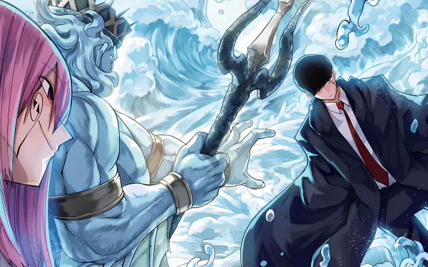 Anime 4K Ultra HD PC desktop wallpaper/background of Mash Burnedead from Mashle: Magic and Muscles — in a suit facing a trident-wielding water spirit amid crashing, swirling waves.