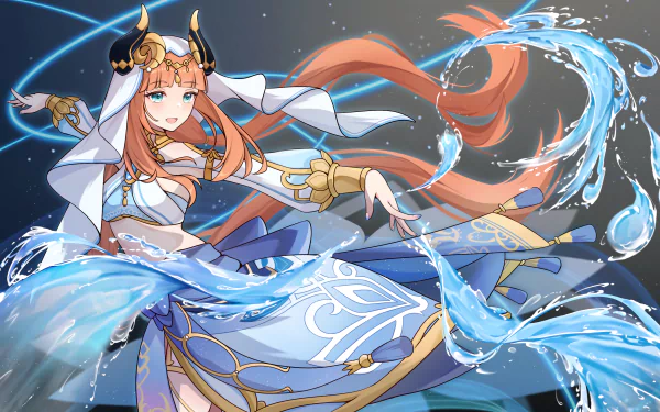 Nilou (Genshin Impact) dancing amid swirling water in a flowing blue gown — 2K Quad HD PC desktop wallpaper/background; video game art.