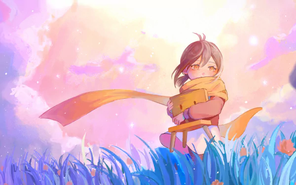 Anime HD desktop wallpaper featuring Suzume Iwato from Suzume no Tojimari, standing in a vibrant field with a flowing orange scarf against a colorful sky.