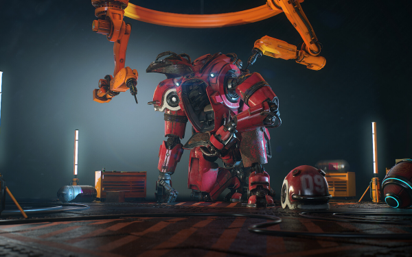 HD desktop wallpaper featuring a red mech in an industrial setting with robotic arms and futuristic equipment.