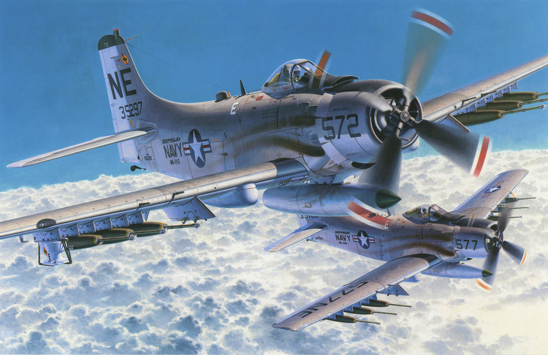 A high-definition desktop wallpaper featuring the military Douglas A-1 Skyraider aircraft in flight.