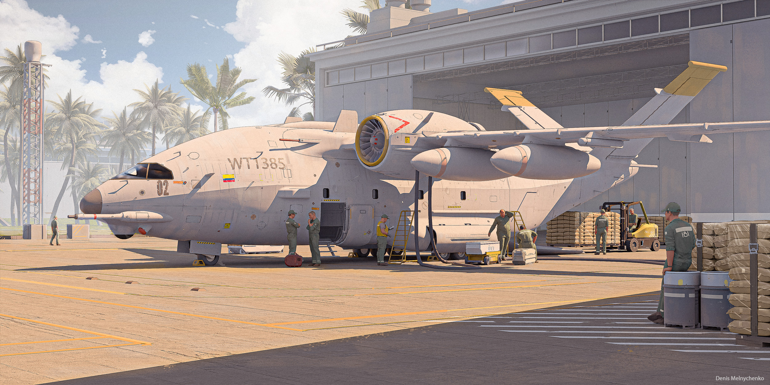 Futuristic airplane docked at a terminal with cargo being loaded, set against a clear sky, perfect for an HD aviation-themed desktop wallpaper.