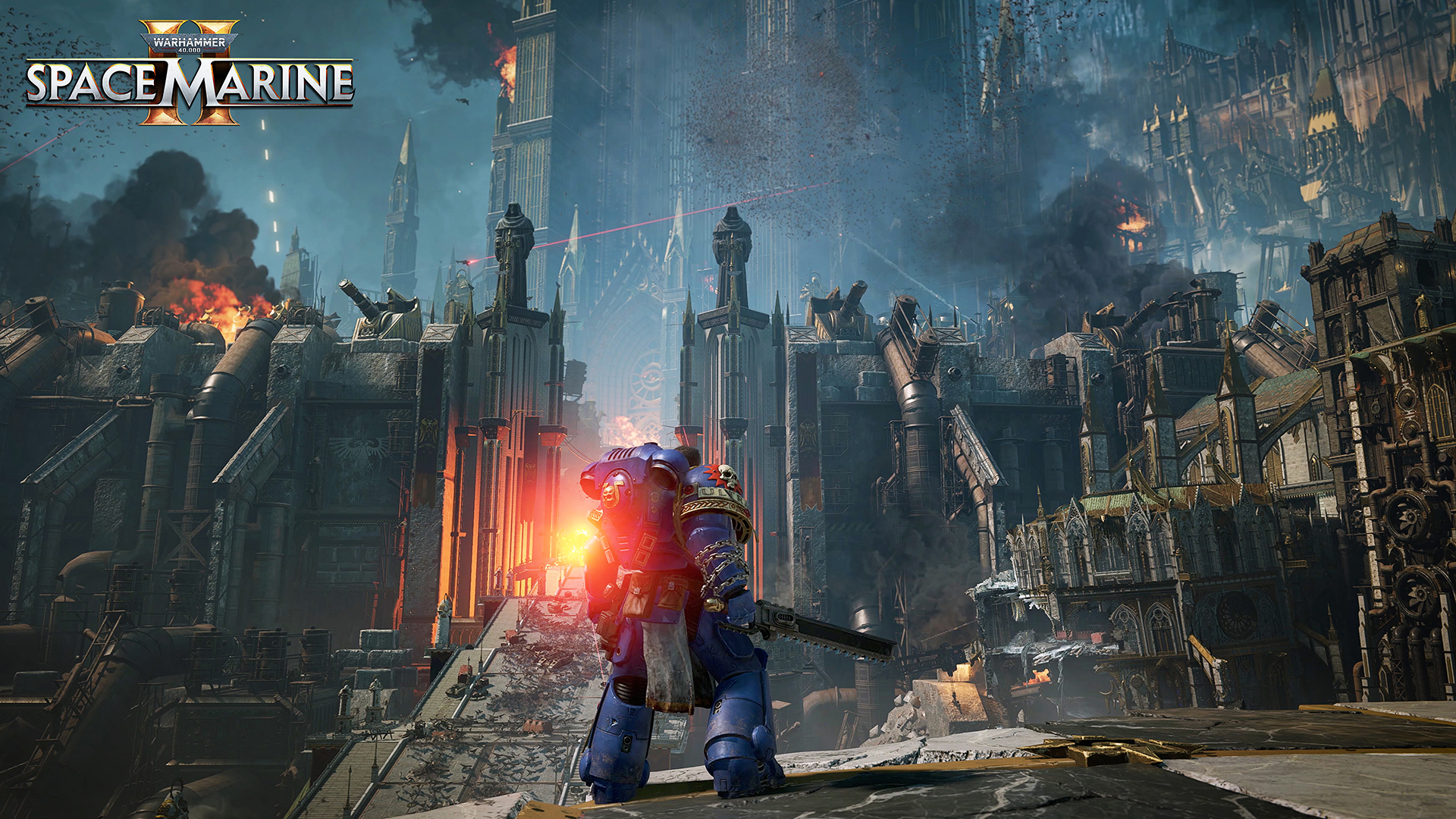 Warhammer 40K: Space Marine 2 HD wallpaper featuring an armored space marine gazing upon a dystopian battlefield.